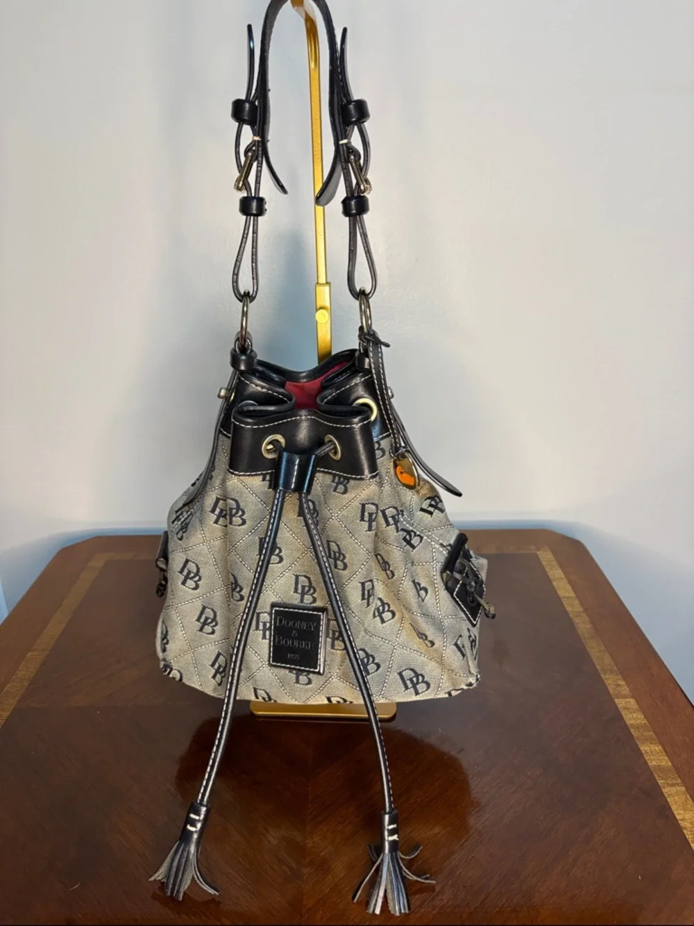 Dooney & Bourke Black Trim Signature Logo Drawstring Bucket Bag
